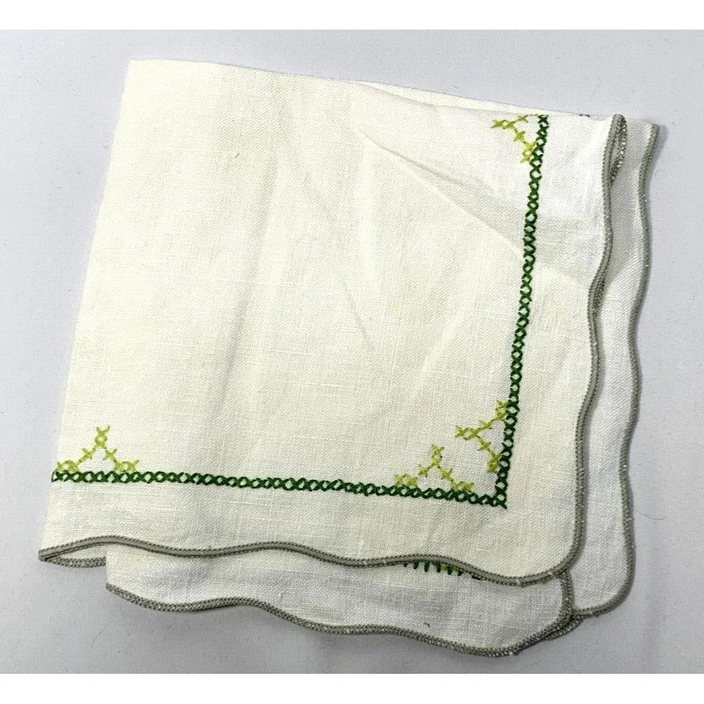 Vintage Linen Embroidered Napkins Leaf Green Cross Stitch Set of 4‎ Cottage Core